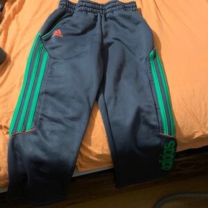 Adidas Kids Dark Blue Joggers with Green Stripes